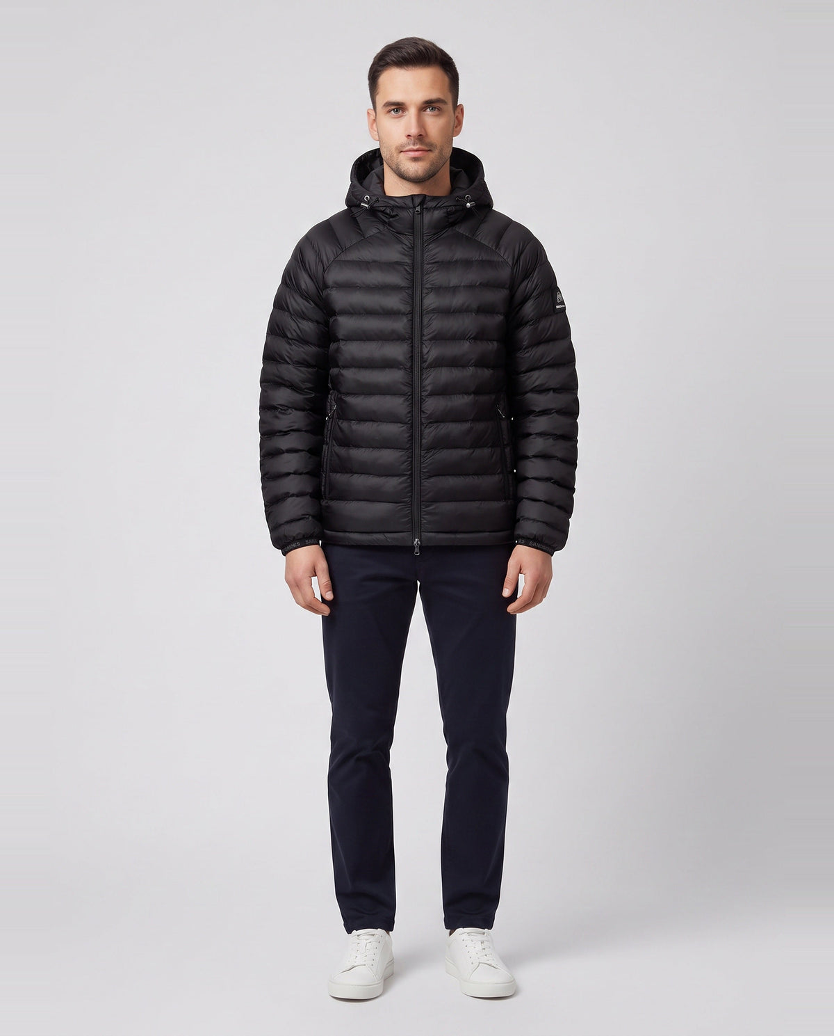 Men's Sandbanks Black Ragland Hooded Ripstop Micro Puffer Jacket - on model