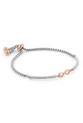 Nomination Milleluci bracelet showcasing its stainless steel chain, rose gold PVD infinity symbol, and crystal details.