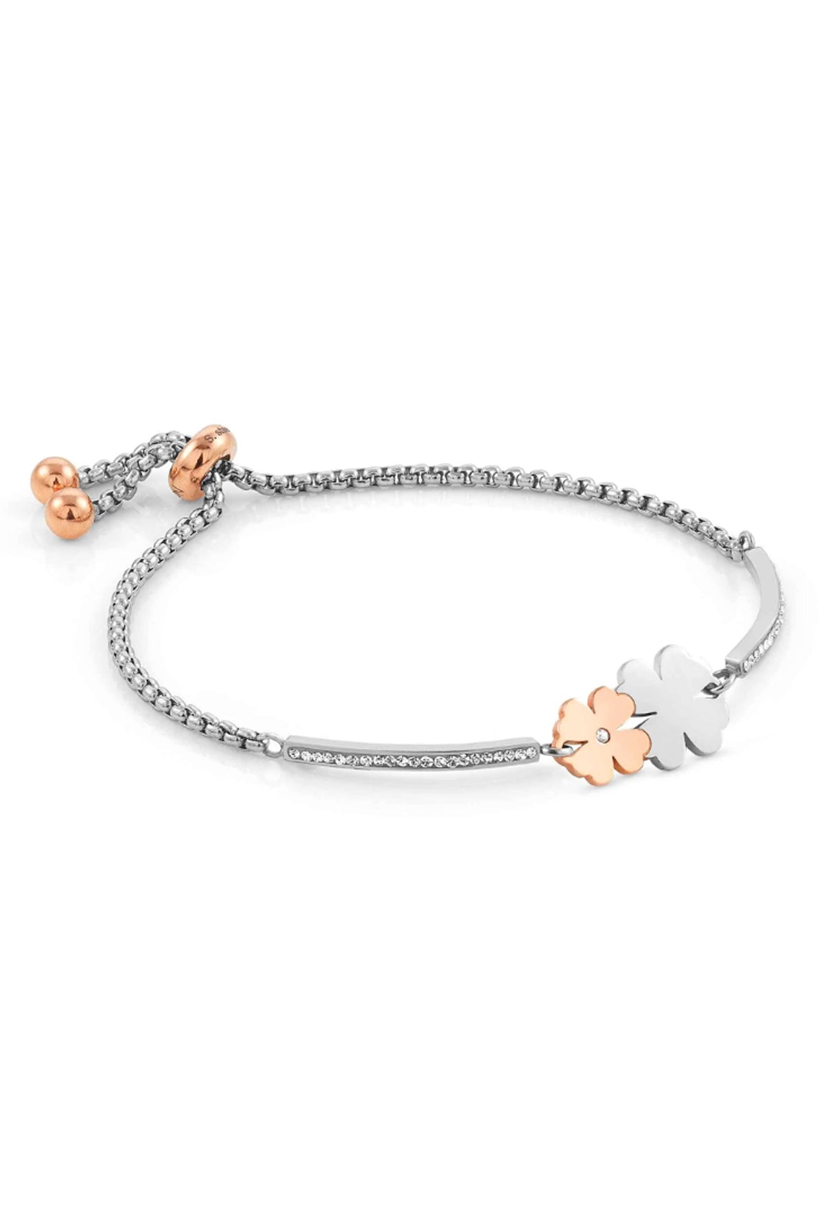 Nomination bracelet featuring a double clover charm, one in rose gold PVD, showcasing adjustable chain.