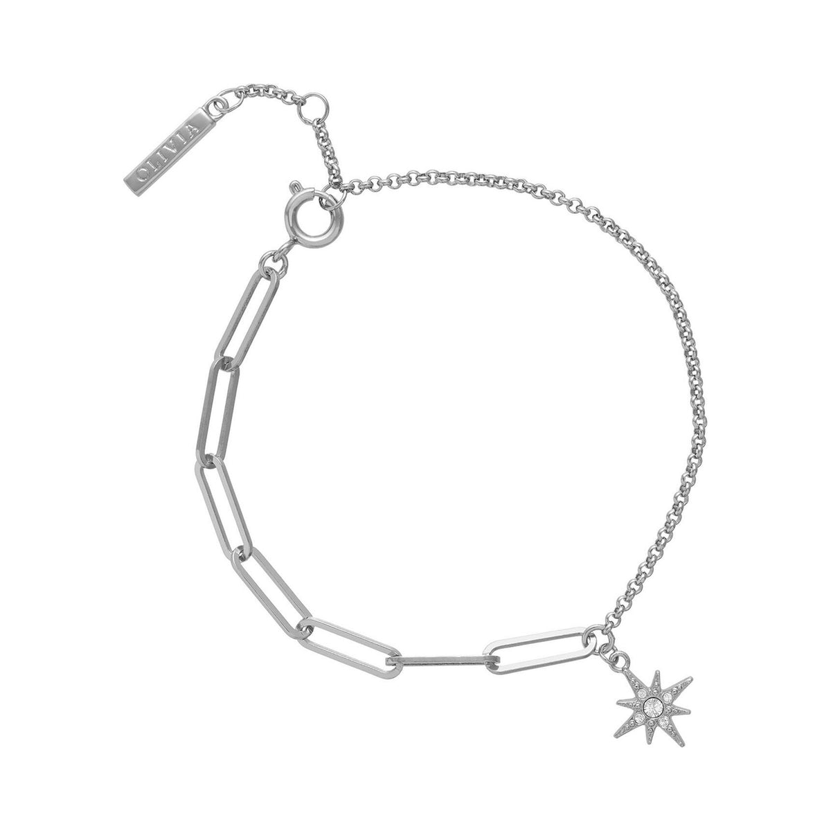 Silver plated Olivia Burton bracelet featuring mismatched chain & North Star charm detail.