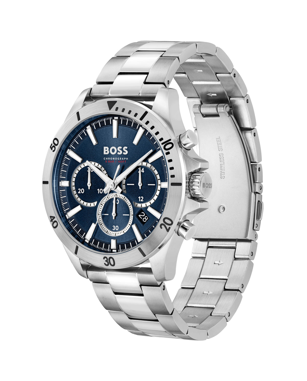 Close-up of the BOSS Troper chronograph watch in blue, showcasing its stainless steel bracelet and dial details.