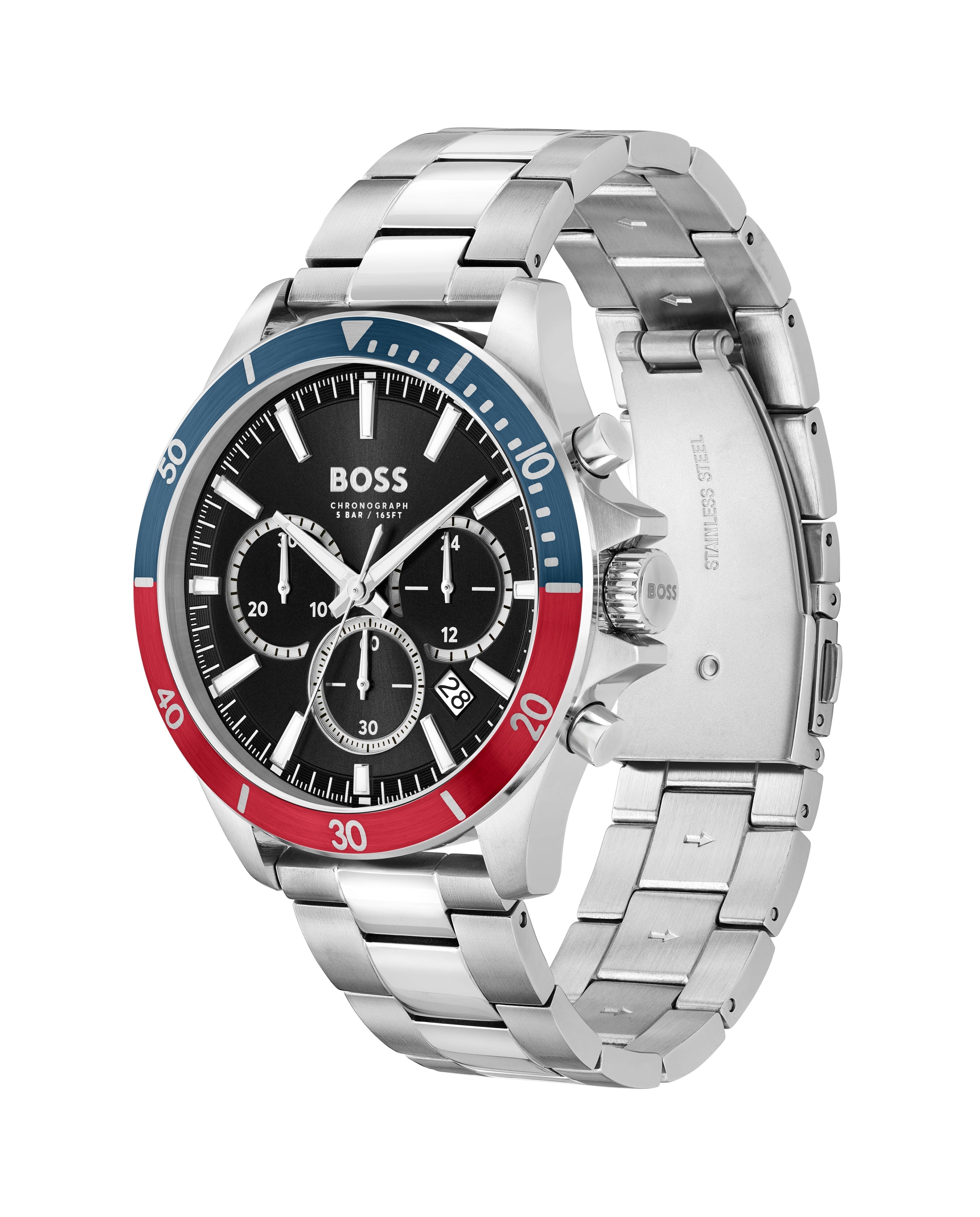 Close-up of the BOSS Troper watch, showcasing the chronograph dial and stainless steel band.
