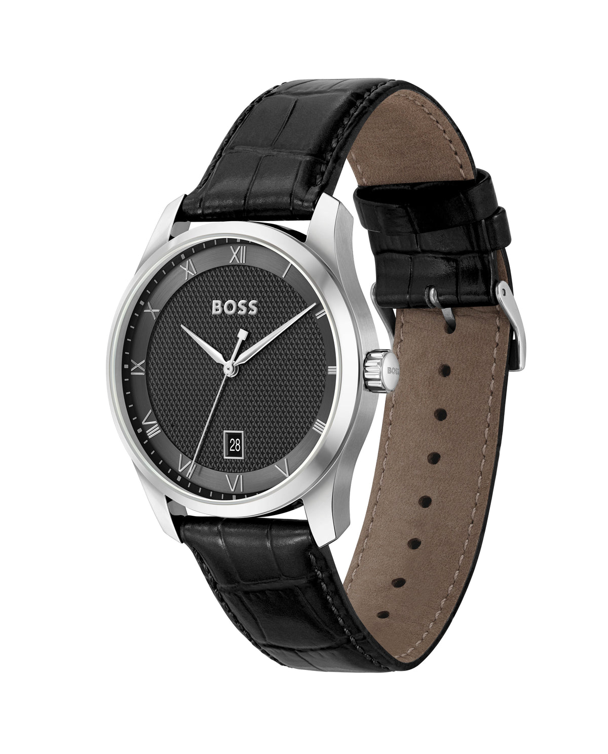 Close-up of BOSS Principle watch showcasing black textured dial, stainless steel case, and black leather strap.