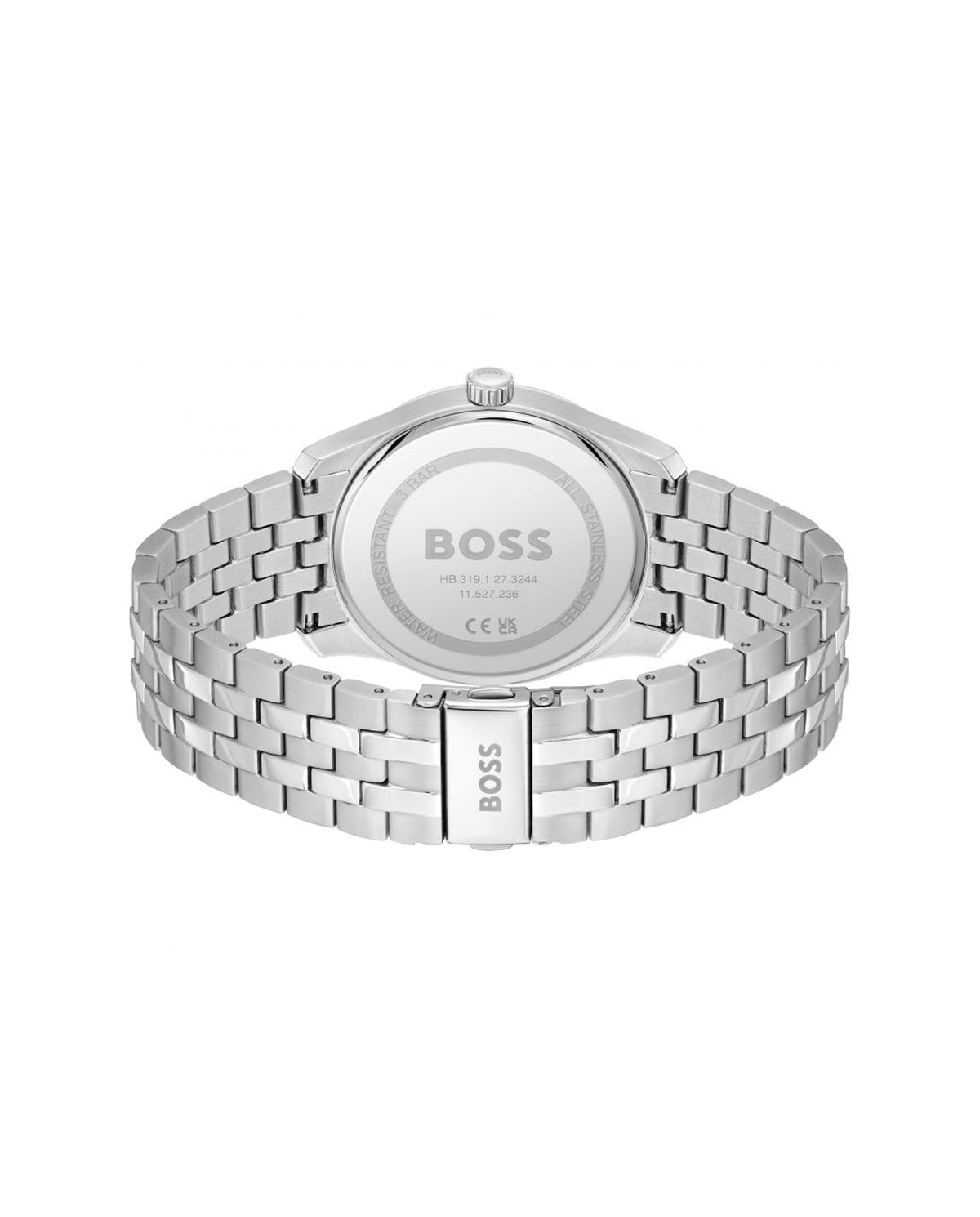 Close-up back view of the Boss Principle watch showcasing the stainless steel bracelet and case details.