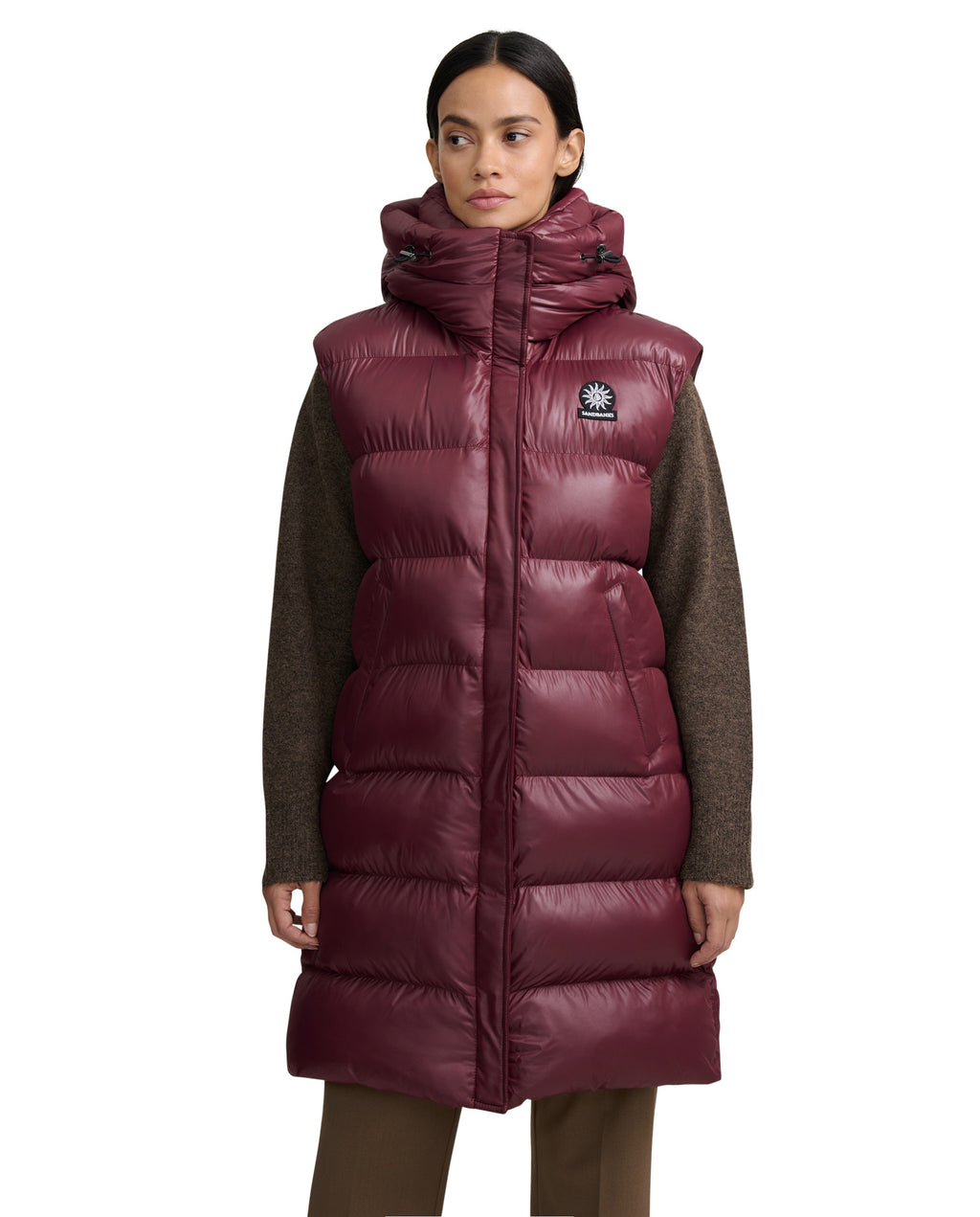 Women's Sandbanks Shell Bay Hooded Long Gilet in Port — image 02