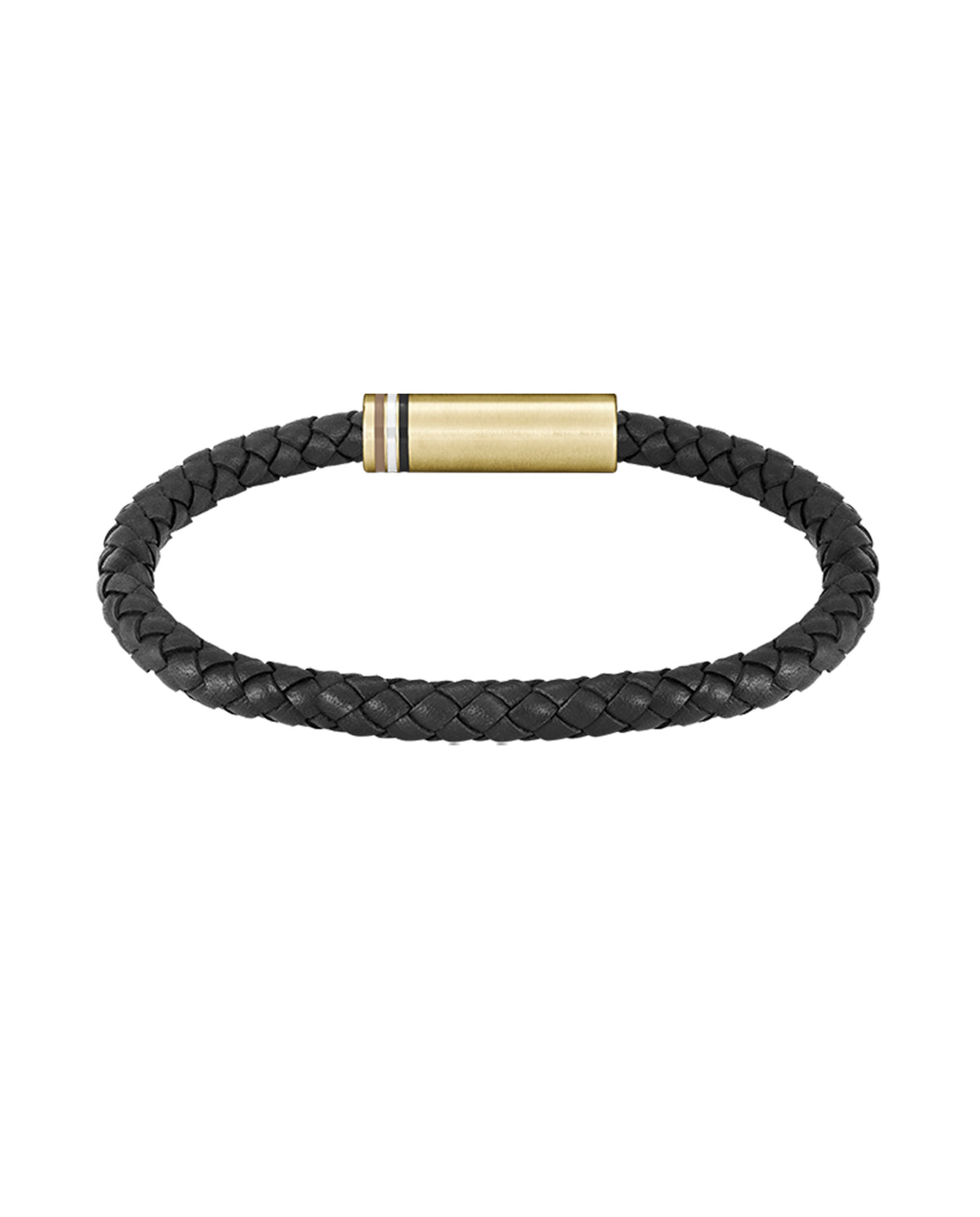 Mens bracelet: Boss Ares black braided leather bracelet with a gold-plated clasp, showcasing premium materials.