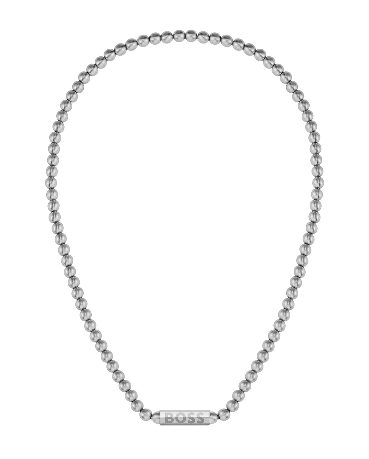 BOSS stainless steel necklace featuring sphere bead chain with engraved logo bar. A stylish mens jewelry accessory.