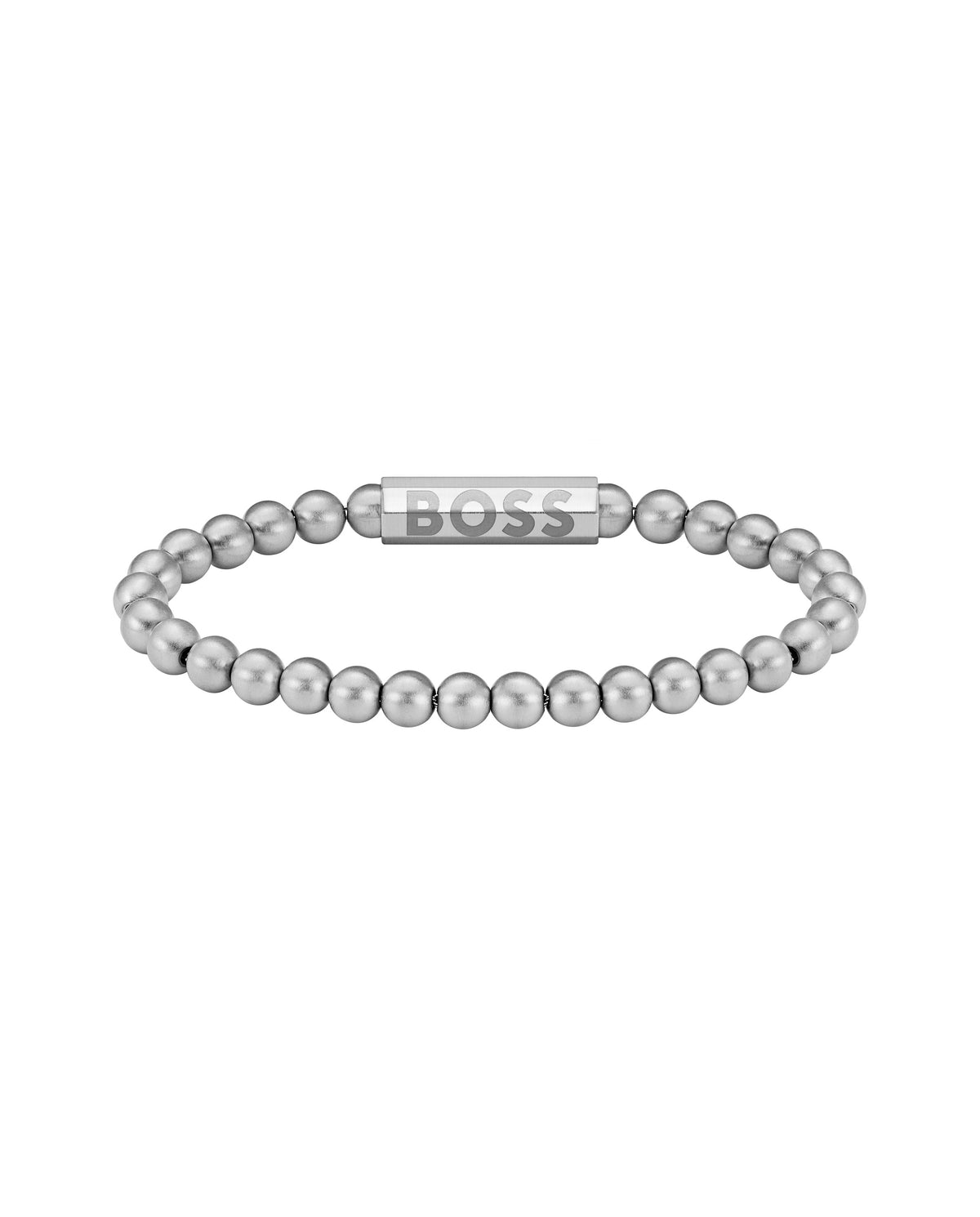 BOSS bracelet featuring stainless steel bead design. Metal bar with BOSS logo. Jewelry for men.