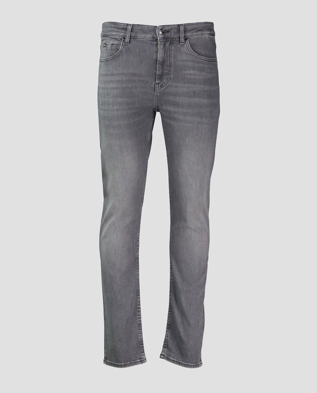 A pair of men's grey BOSS H-Delaware jeans displayed against a plain background. boss tab logo on internal pocket with silver button fastening 
