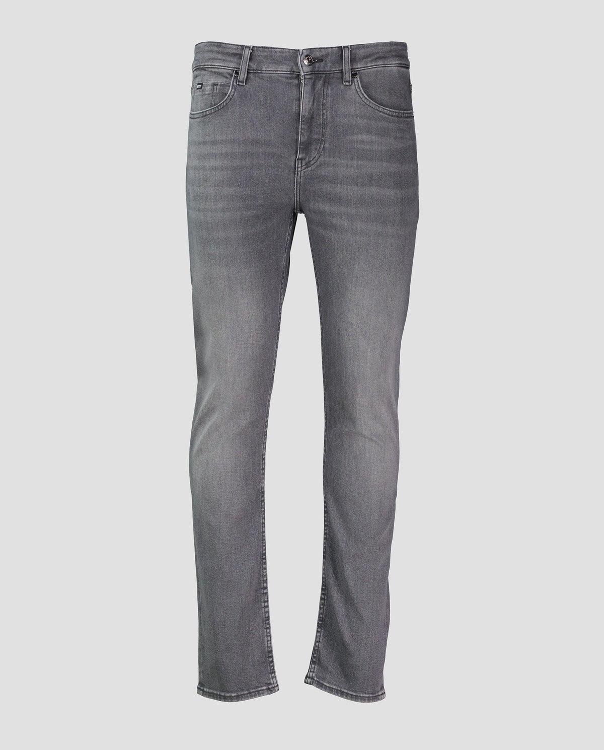 A pair of men's grey BOSS H-Delaware jeans displayed against a plain background. boss tab logo on internal pocket with silver button fastening 