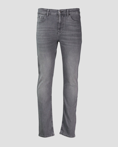 A pair of men's grey BOSS H-Delaware jeans displayed against a plain background. boss tab logo on internal pocket with silver button fastening 