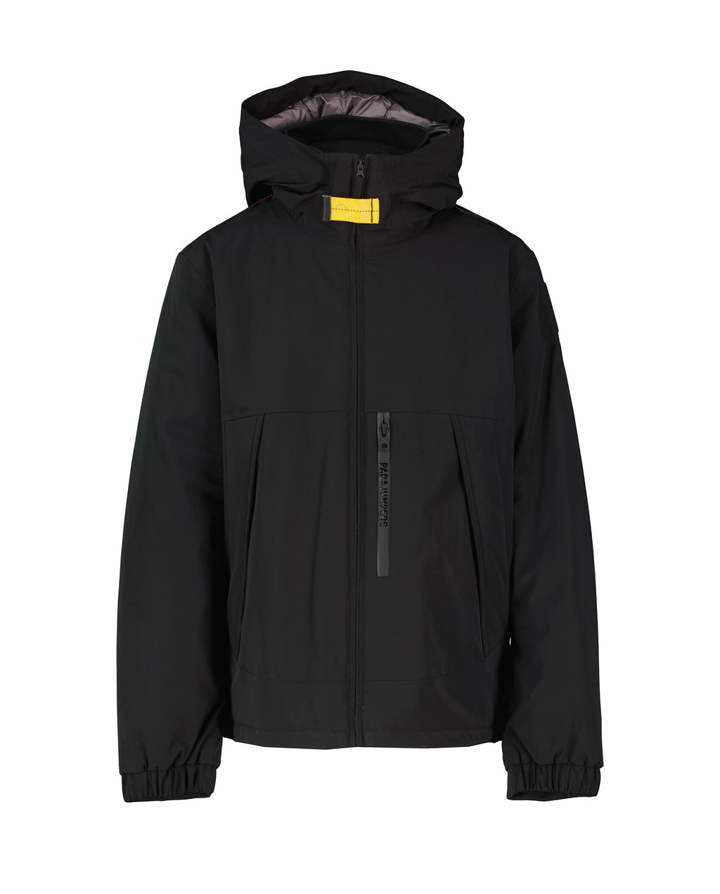 Black jacket with a yellow label on a white background