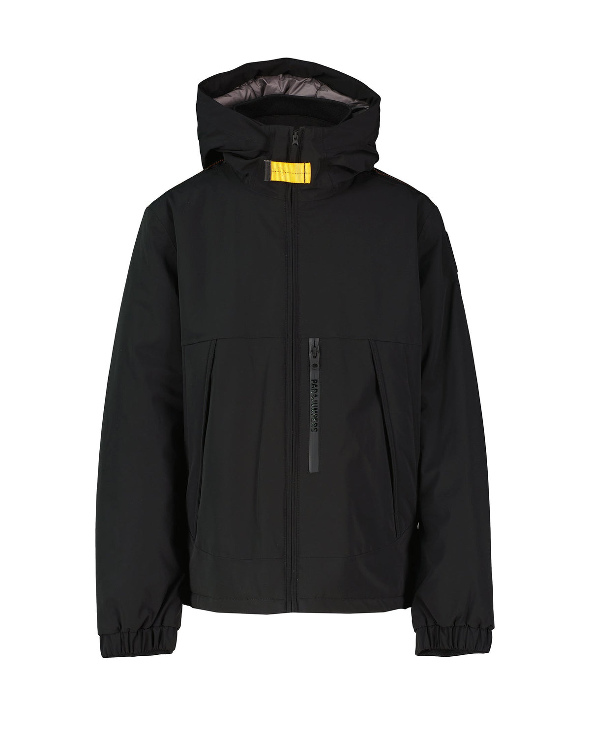 Black jacket with a yellow label on a white background