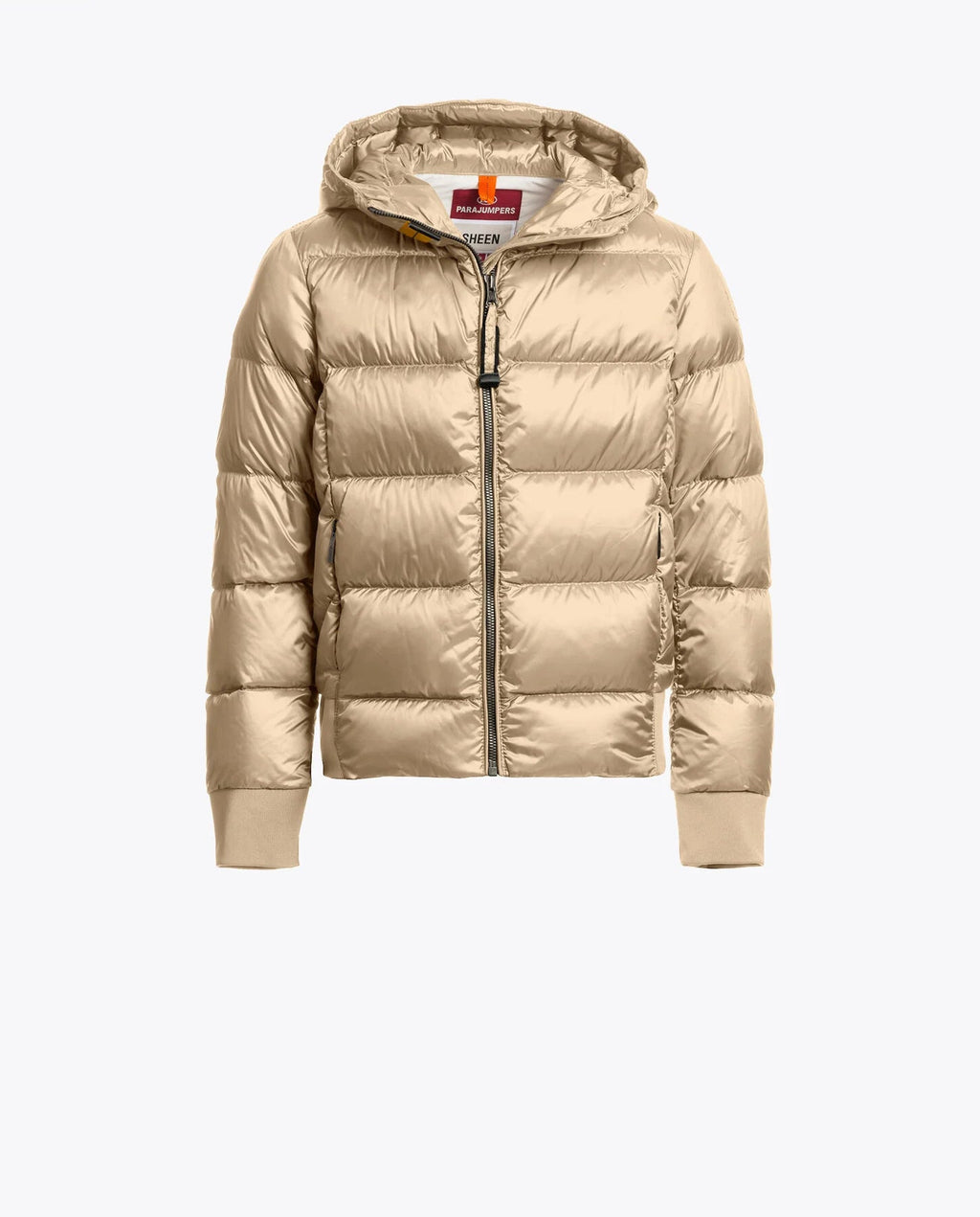 Beige puffer jacket with a hood on a white background