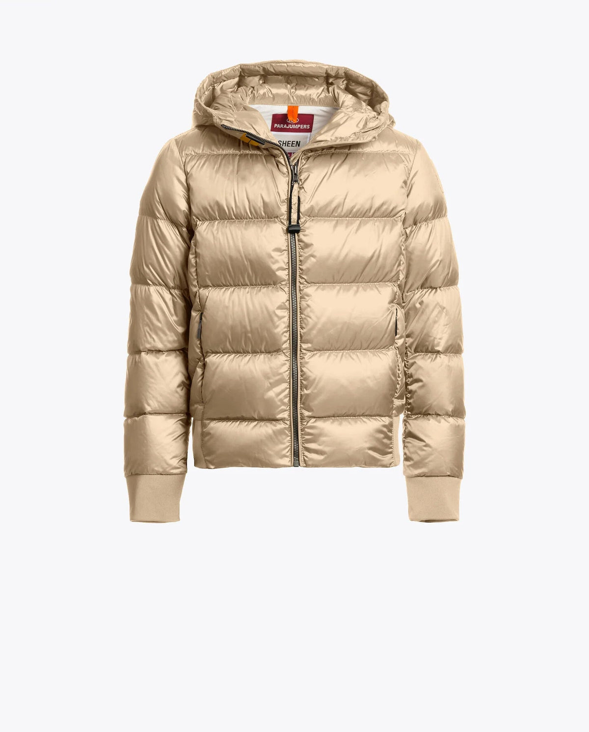 Beige puffer jacket with a hood on a white background
