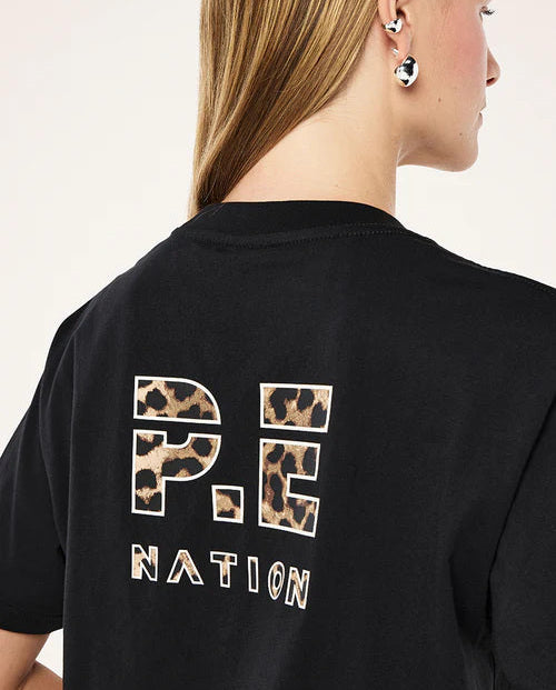 Black t-shirt with 'P.E. Nation' print on the back, featuring leopard print letters.