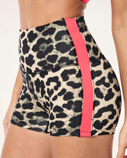 Leopard print shorts with pink trim worn by a person on a white background