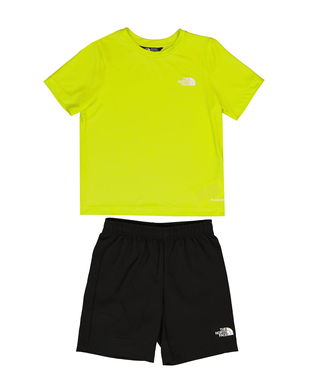 Yellow t-shirt and black shorts set with The North Face logo on a white background