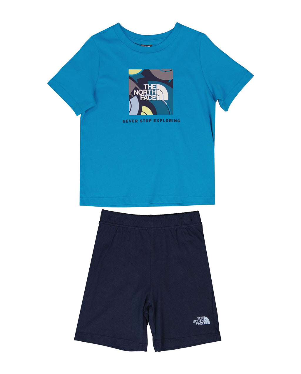 Blue t-shirt and navy shorts set with The North Face logo on a white background