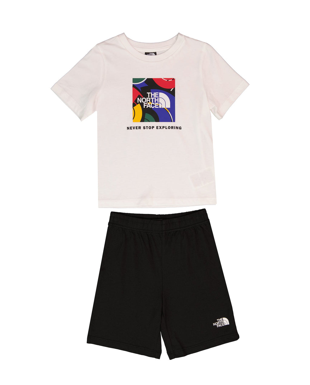 White t-shirt with colorful graphic and black shorts featuring The North Face logo on a white background.