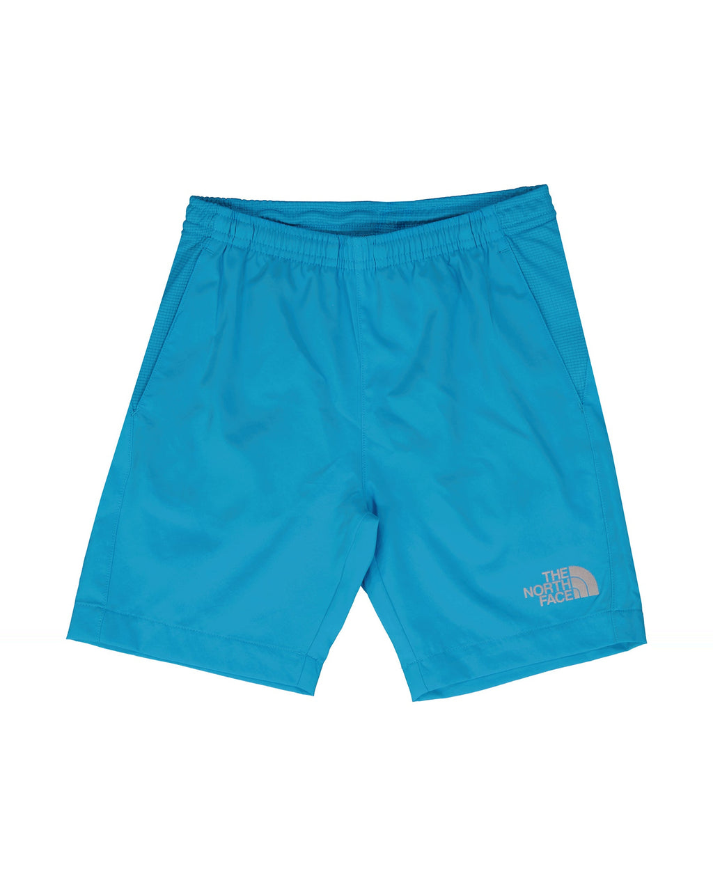 Blue shorts with a brand logo on a white background