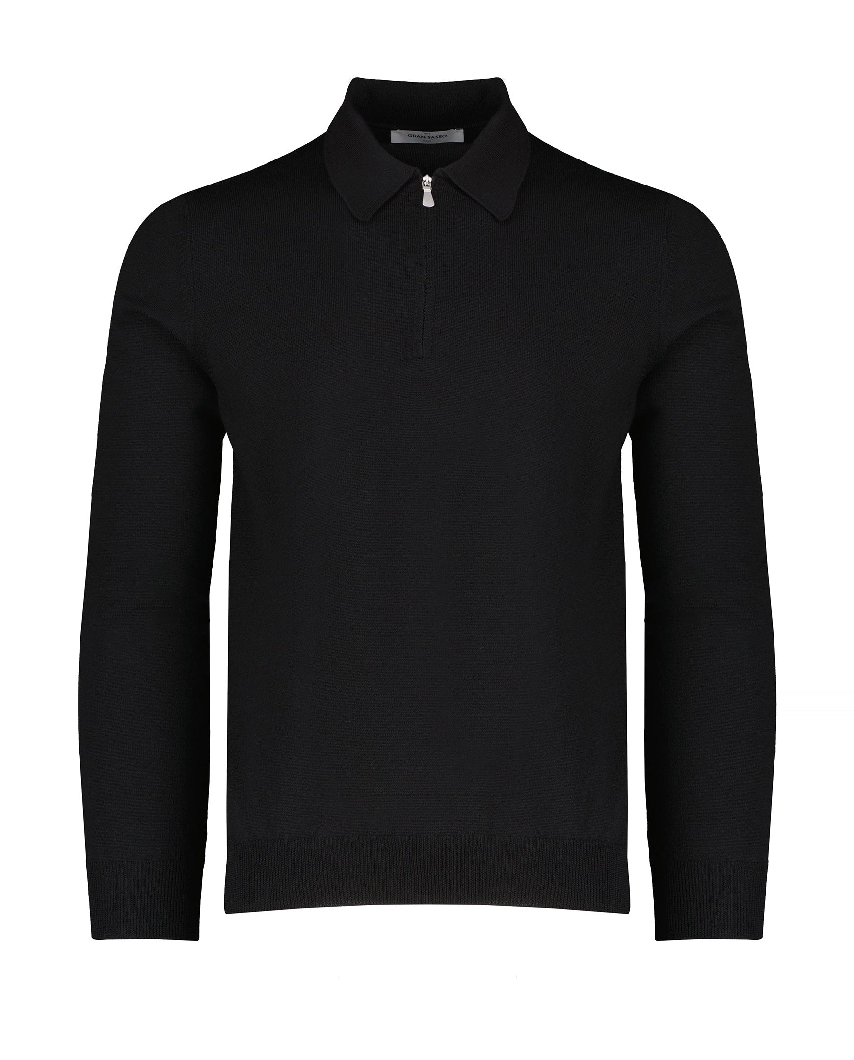 Men's Gran Sasso Black Long Sleeve Zip Merino Wool Knitted Polo Shirt with elasticated cuff and waist silver zip pully