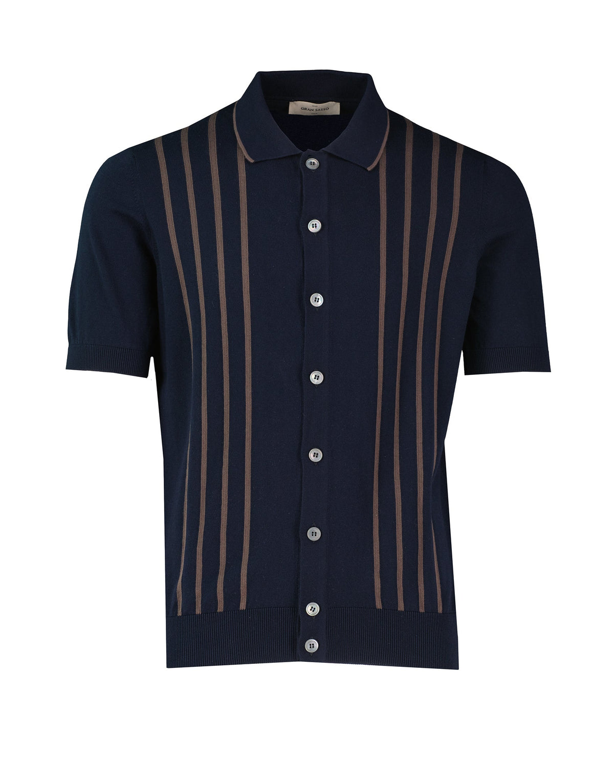 Men's Gran Sasso Navy Stripe Knit Full Button Up Polo Shirt - image 2