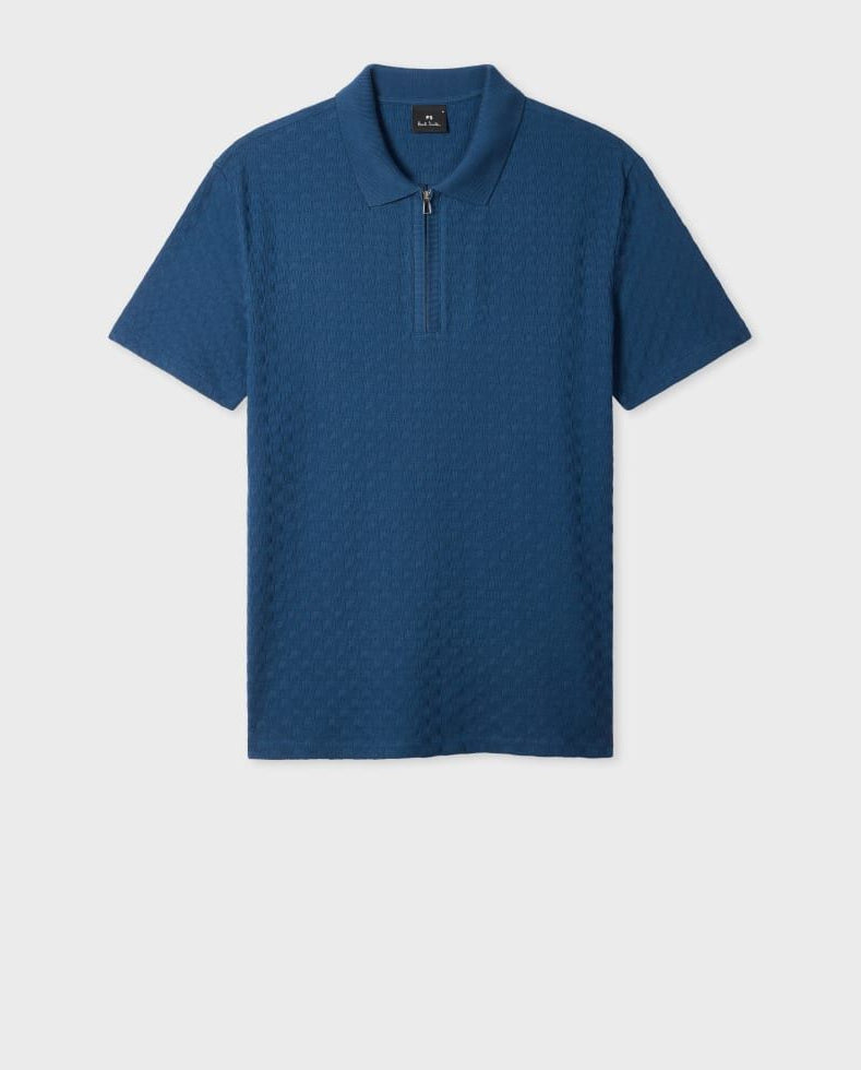Men's Paul Smith Blue Textured Cotton Zip-Neck Polo Shirt — view 2
