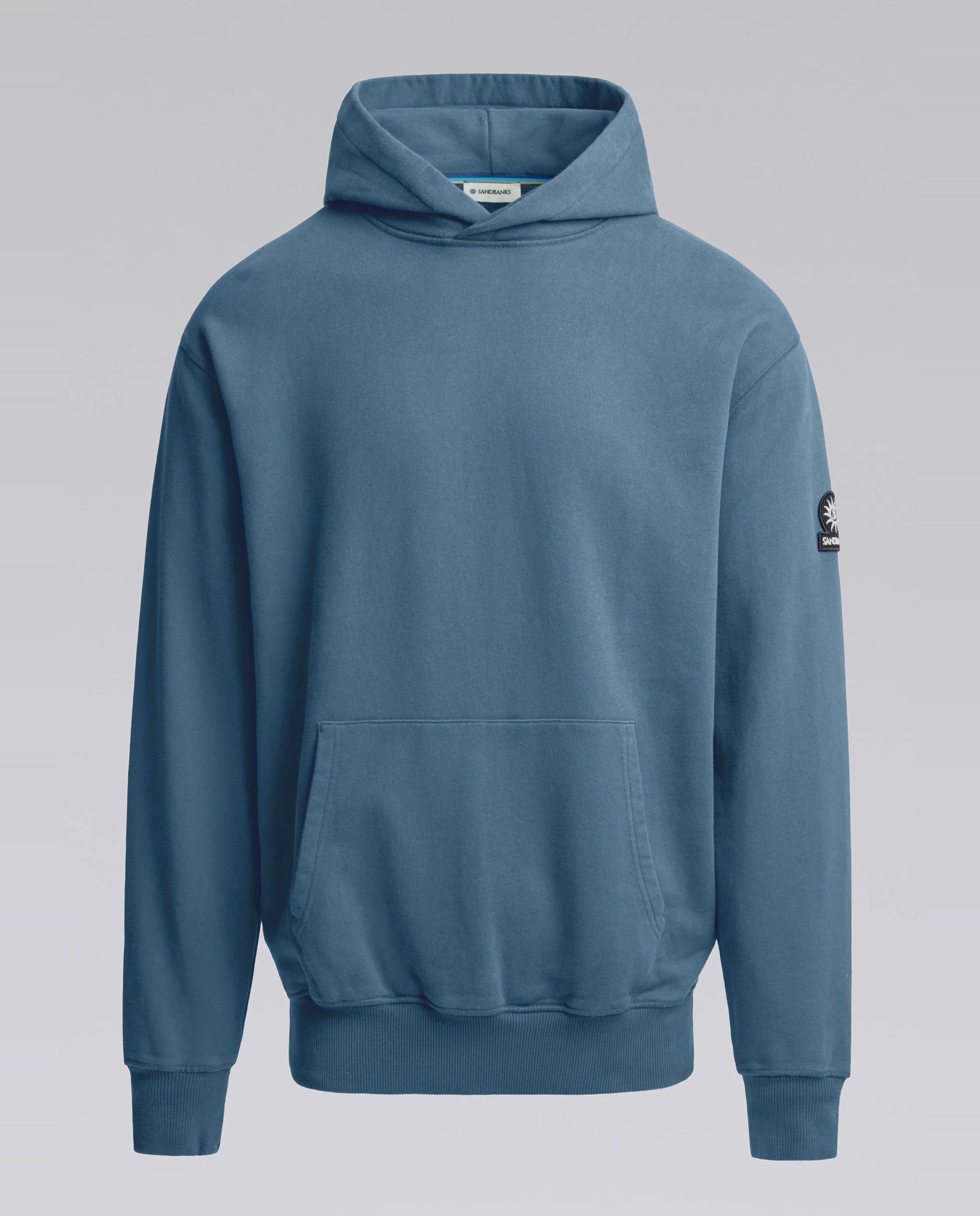 Men's Sandbanks Badge Logo Teal Hoodie with a badge logo arm and a kangaroo pocket 