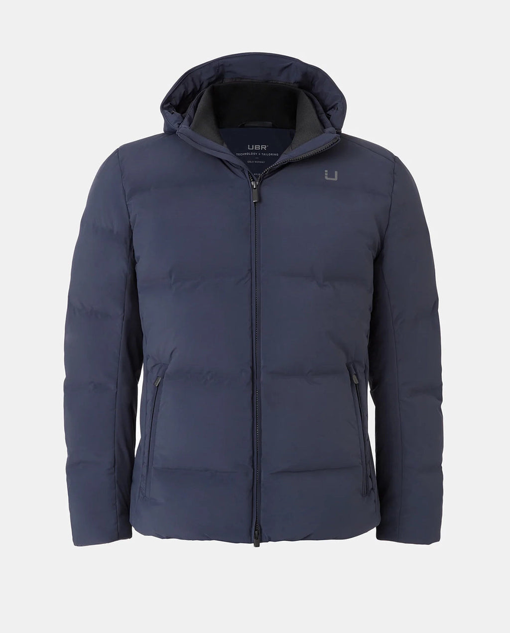 Navy blue UBR jacket with a hood on a white background