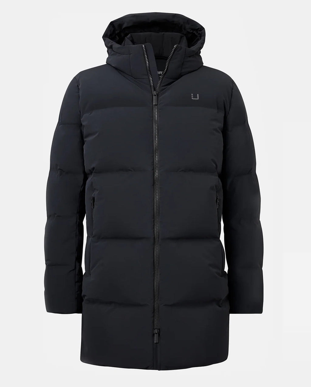 Black TITAN PUFFER puffer coat with a brand logo on a light gray background
