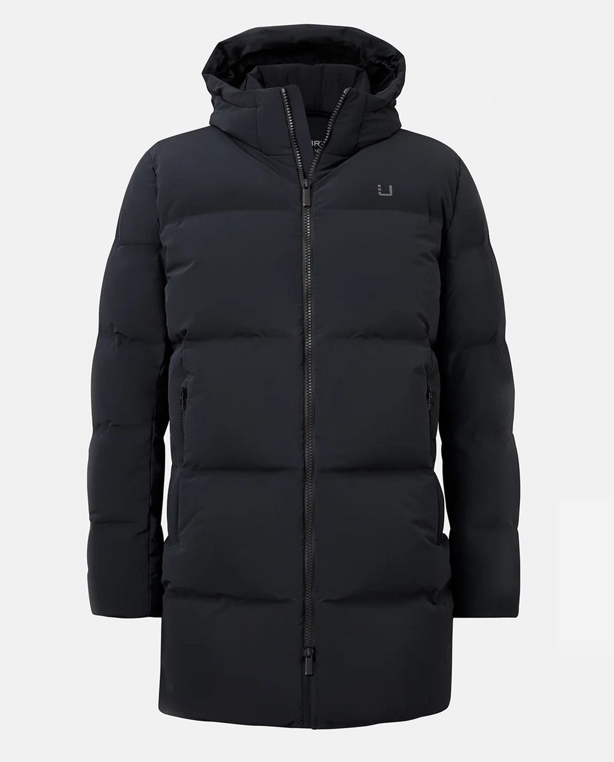 Black  UBR puffer coat with a brand logo on a white background