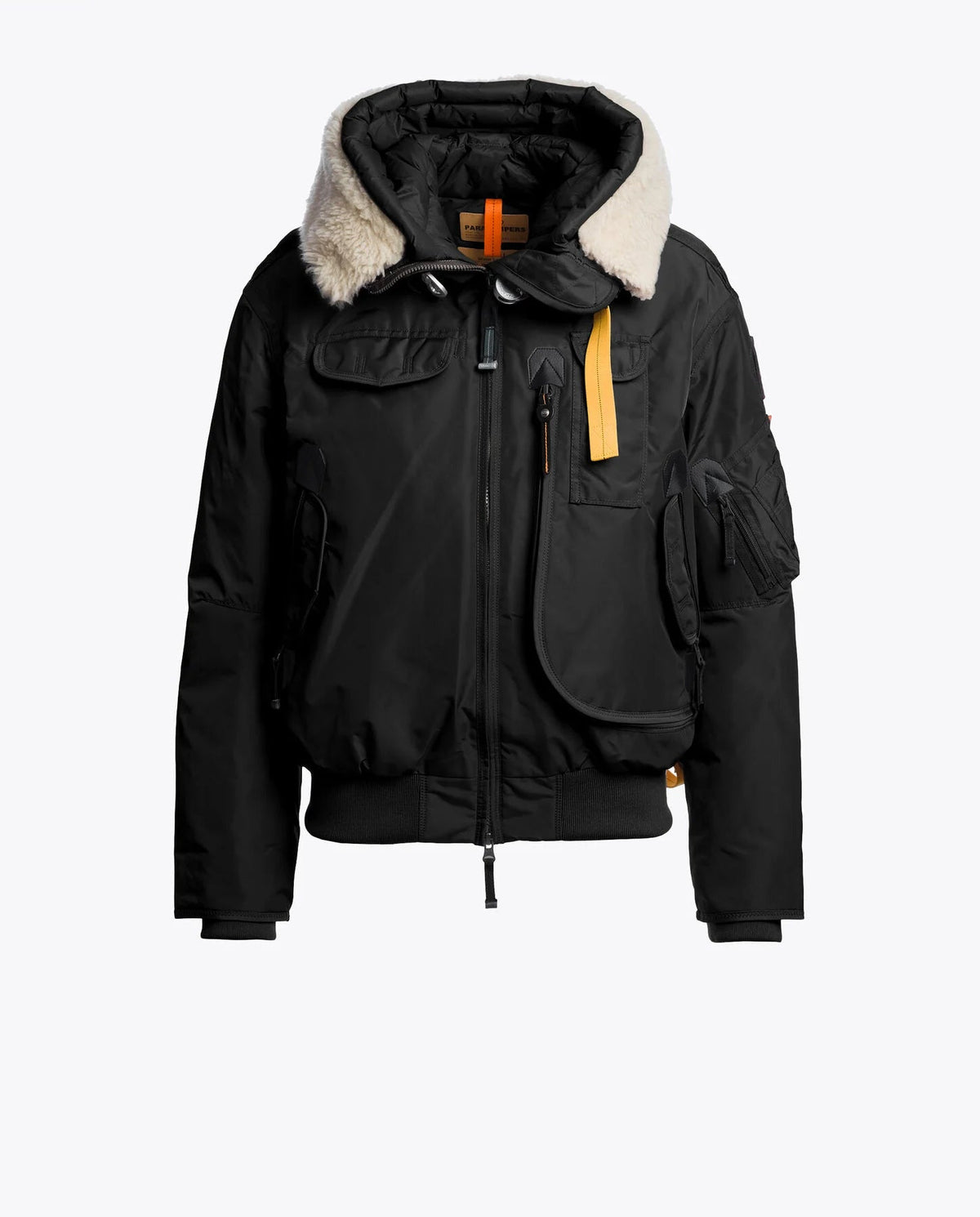Black bomber jacket with faux fur-lined hood on a white background
