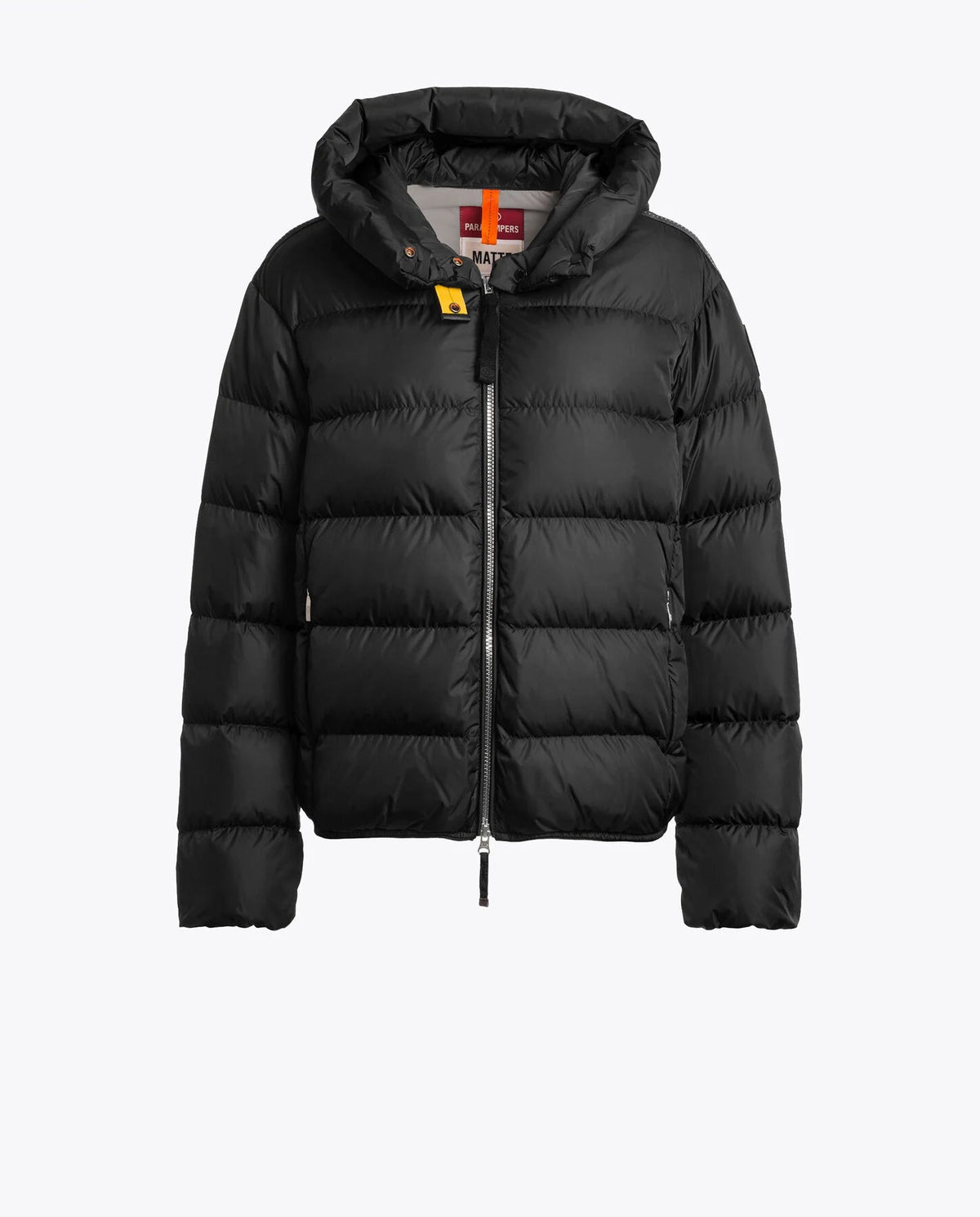 A women's Parajumpers Jinny Black Hooded Jacket with a front zipper closure and the brand's label visible on the inside of the collar.