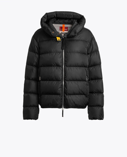 A women's Parajumpers Jinny Black Hooded Jacket with a front zipper closure and the brand's label visible on the inside of the collar.