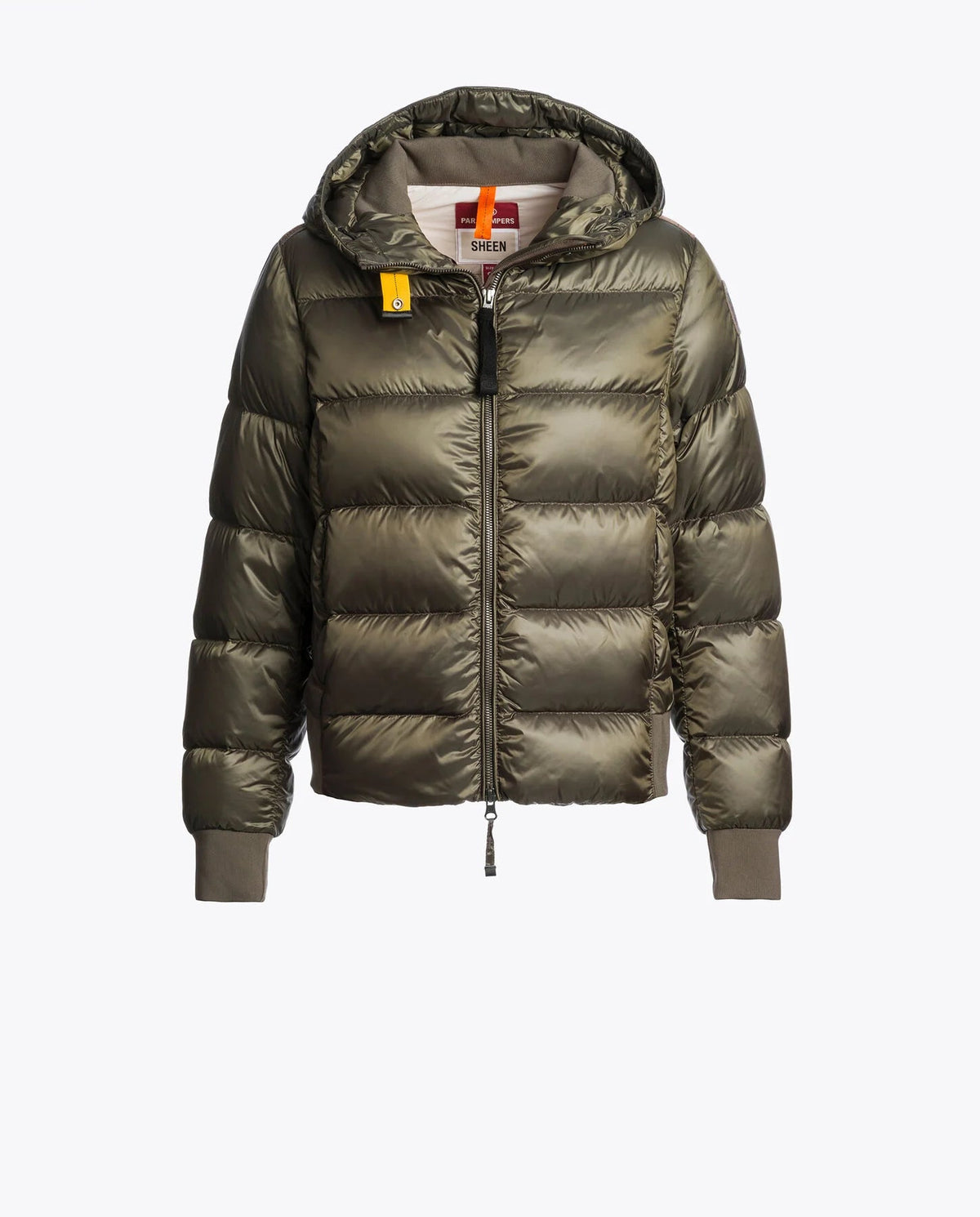 Green puffer jacket with a brand logo on a white background