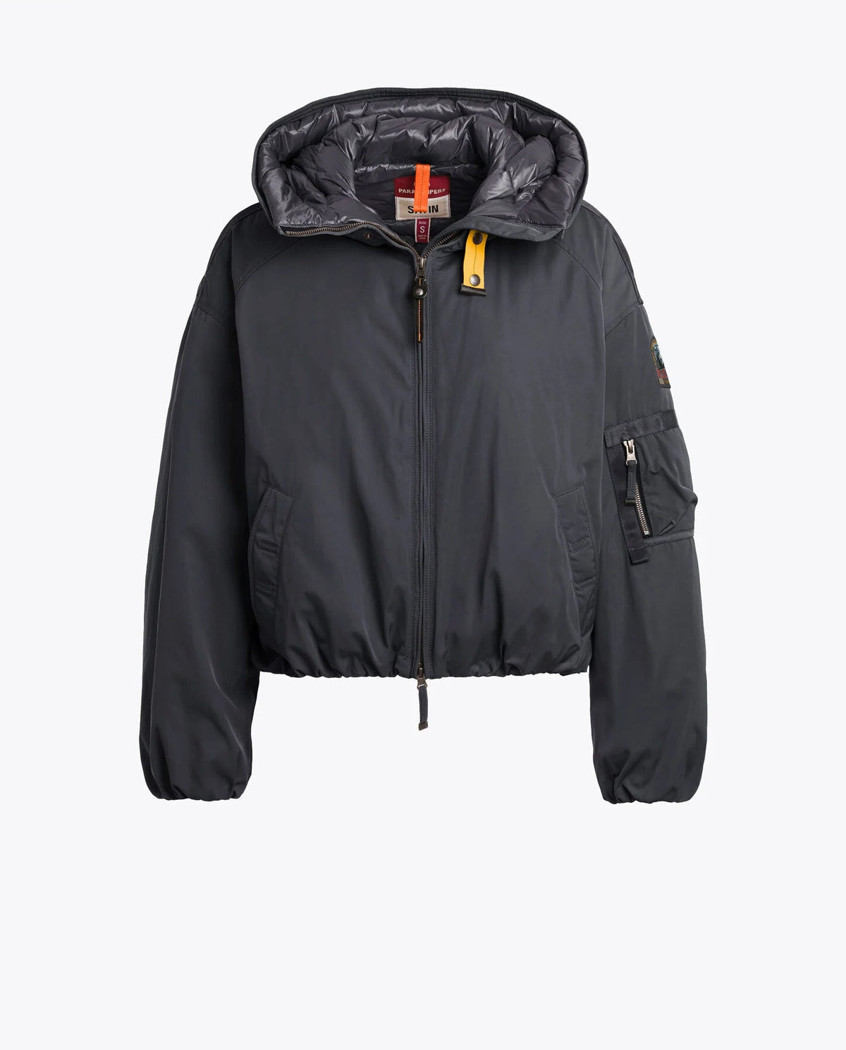 Women's Parajumpers Naadz Hooded Bomber Jacket in black color with a high collar, long sleeves, and front pockets.
