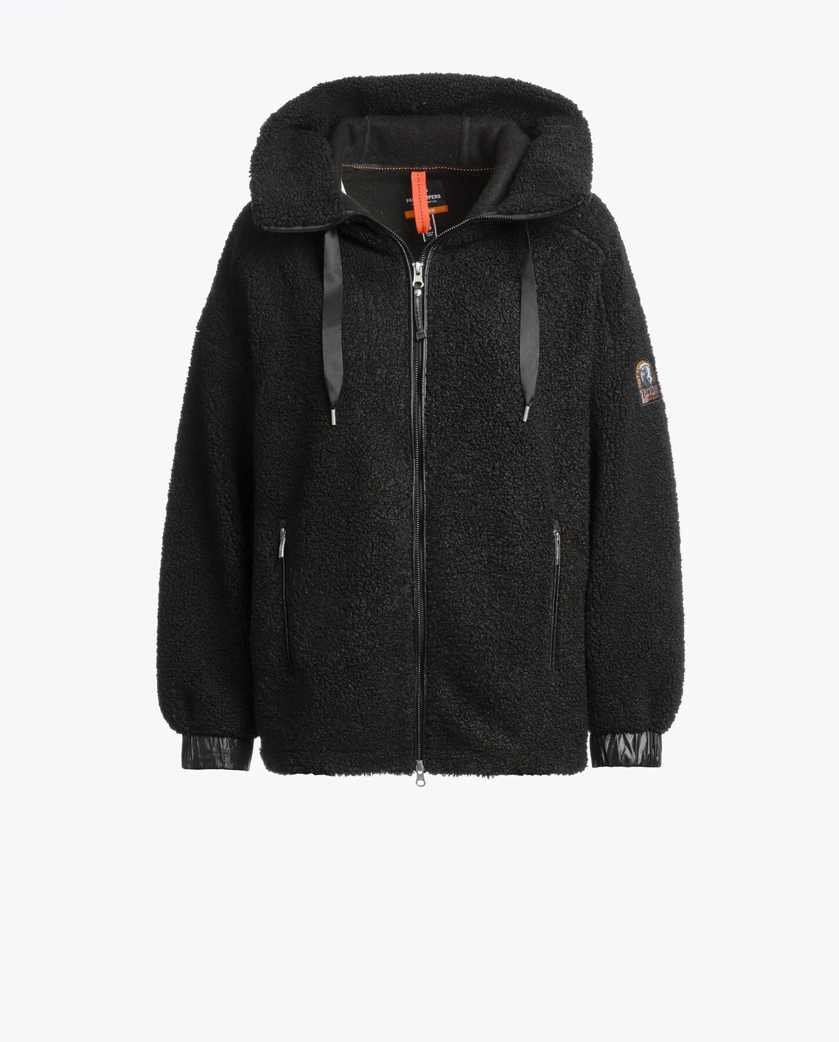 Black fleece jacket with a hood on a white background