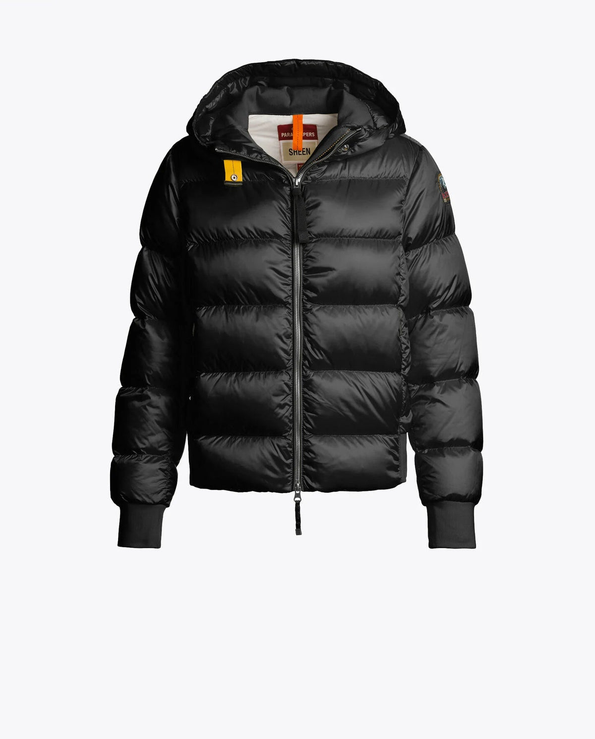 Black womens Parajumper puffer jacket with brand logo on a white background