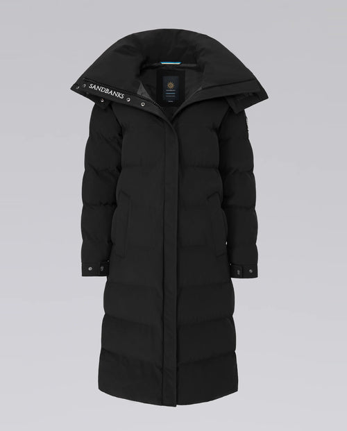 Black puffer coat with brand logo on a light gray background