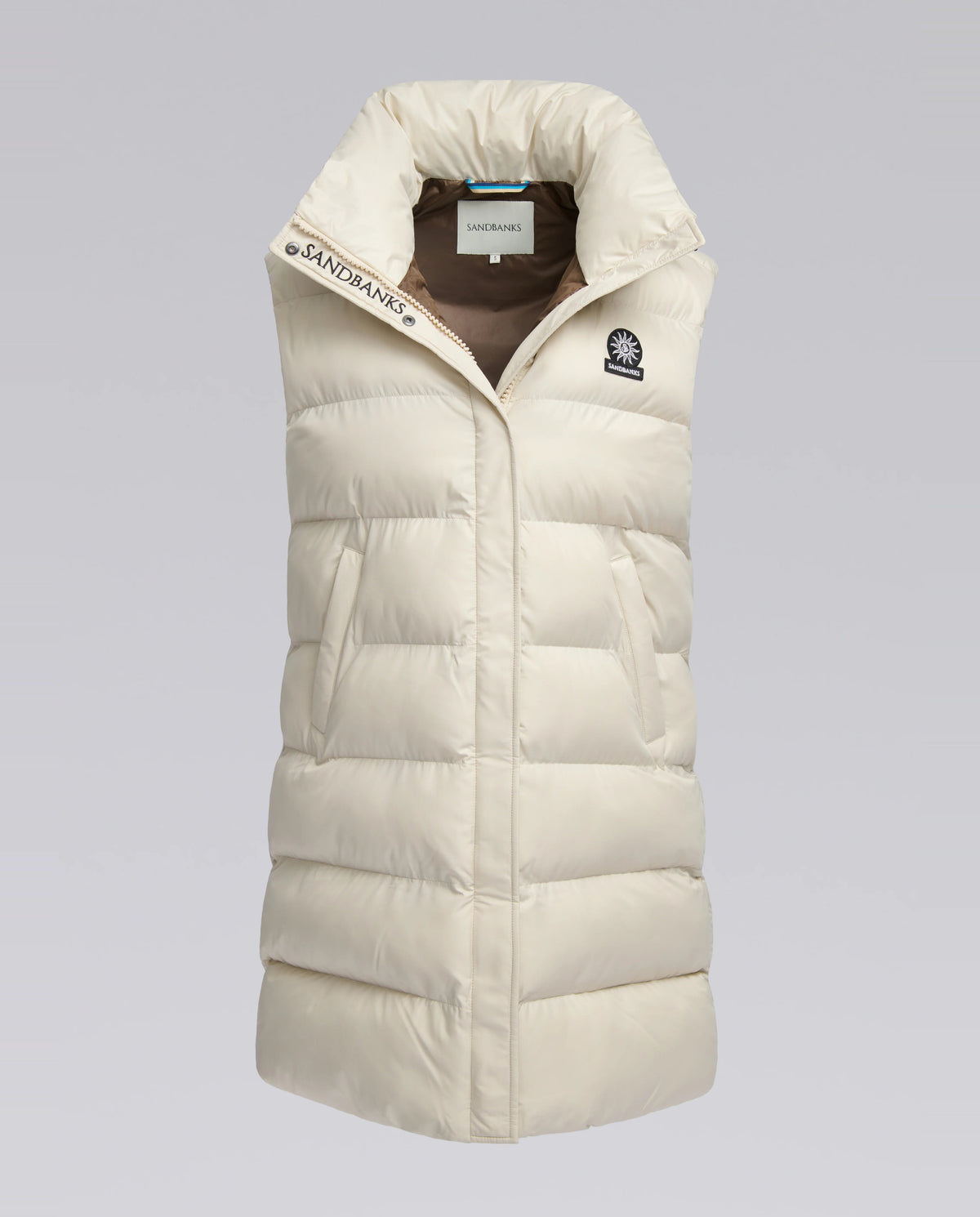Beige puffer vest with brand logo on a light gray background