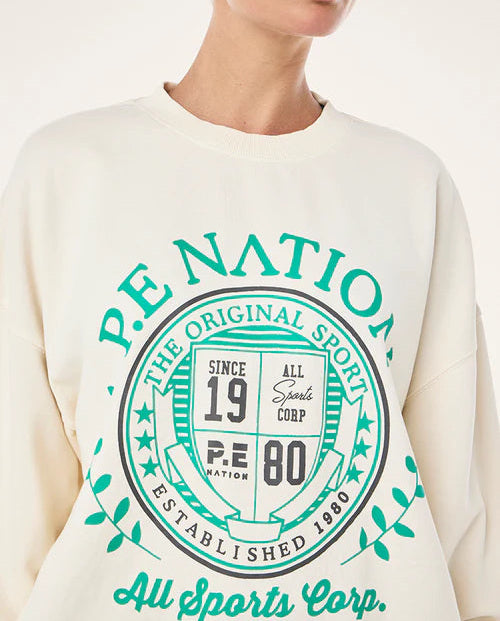 White sweatshirt with green 'P.E. Nation' logo on a white background