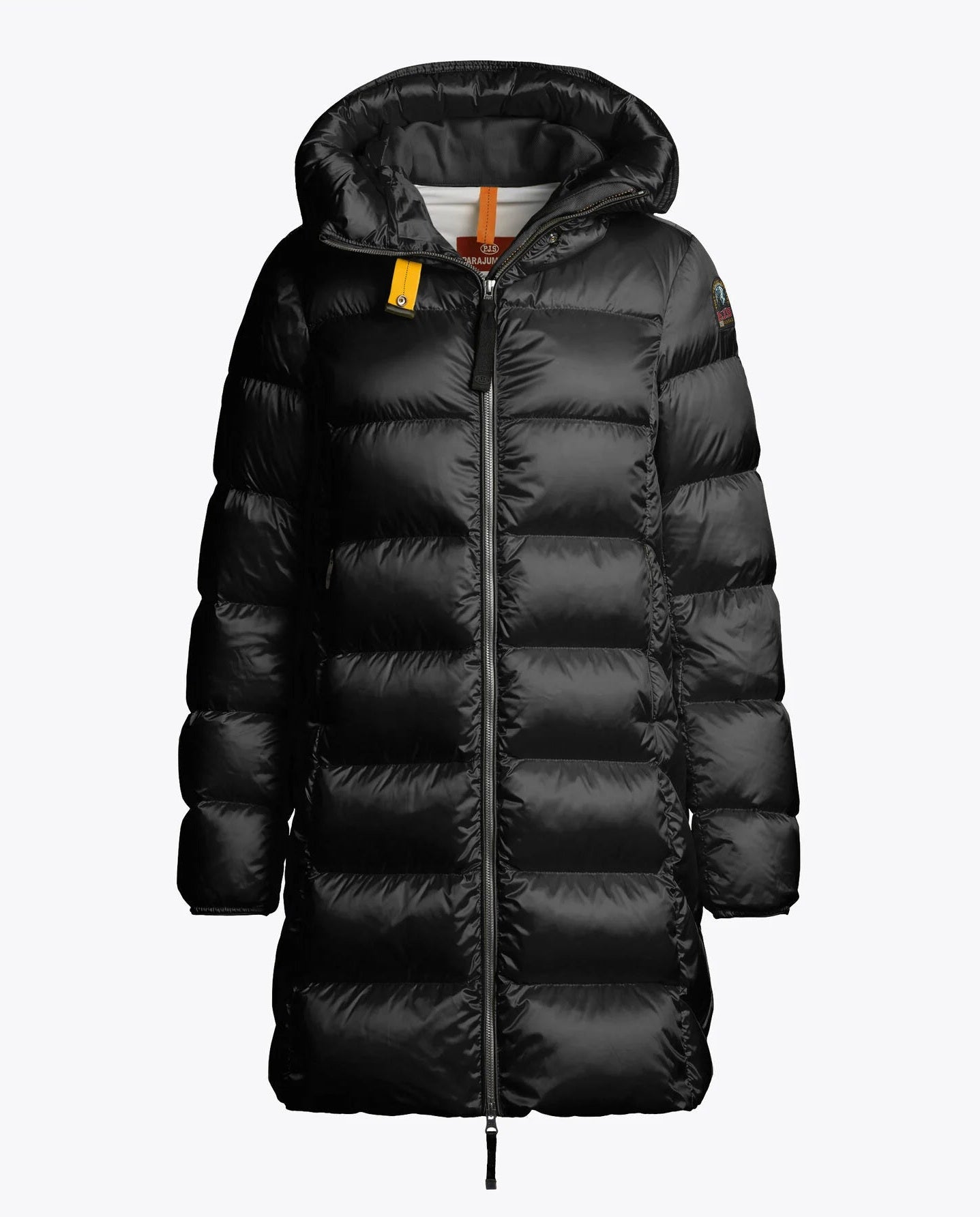 Black long parajumpers womens puffer jacket with a brand logo on a white background