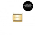 Close-up of a Nomination Gold charm base link. On image: 'Nomination'. Notice about bracelet purchase rule.