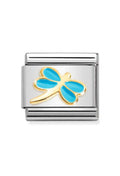 Composable charm showcasing an 18K gold dragonfly with turquoise enamel inlay, for personalized jewelry.