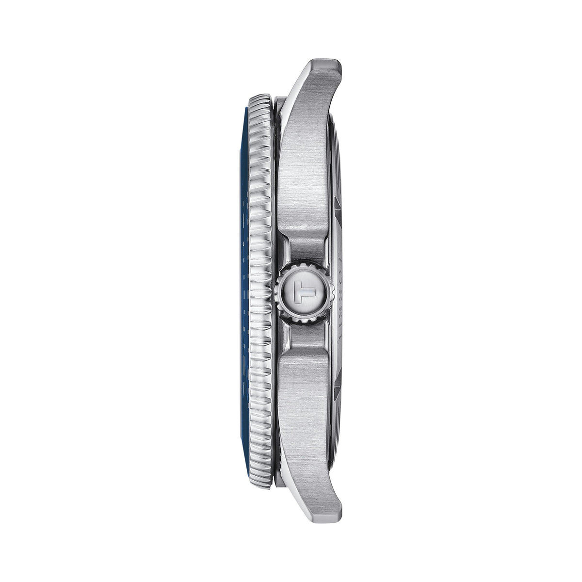 Side view of the Tissot Seastar 1000 watch showing stainless steel case, bezel, and branded crown.