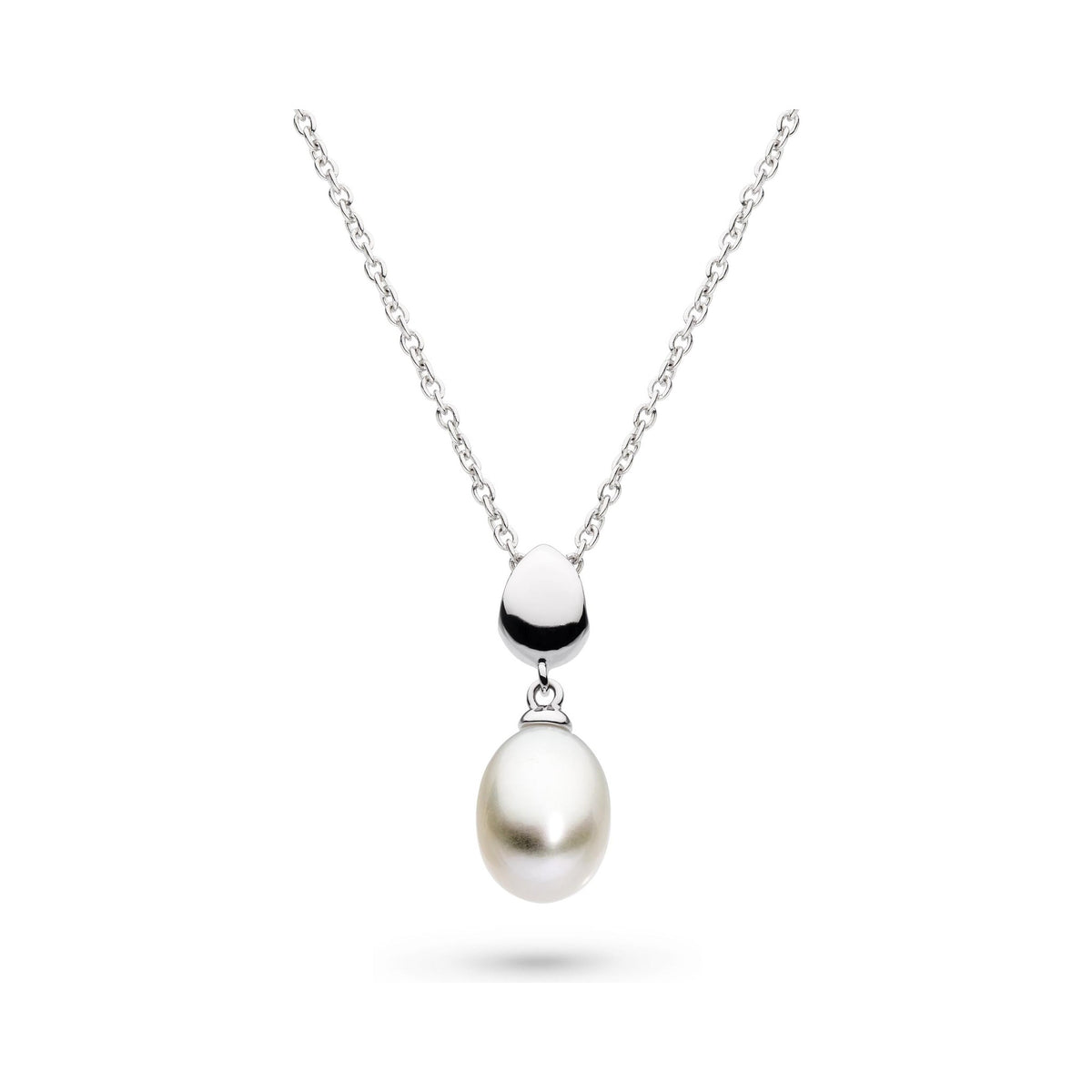 Elegant Coast Pebble pearl necklace by Kit Heath, showcasing its sterling silver chain and pearl pendant design.