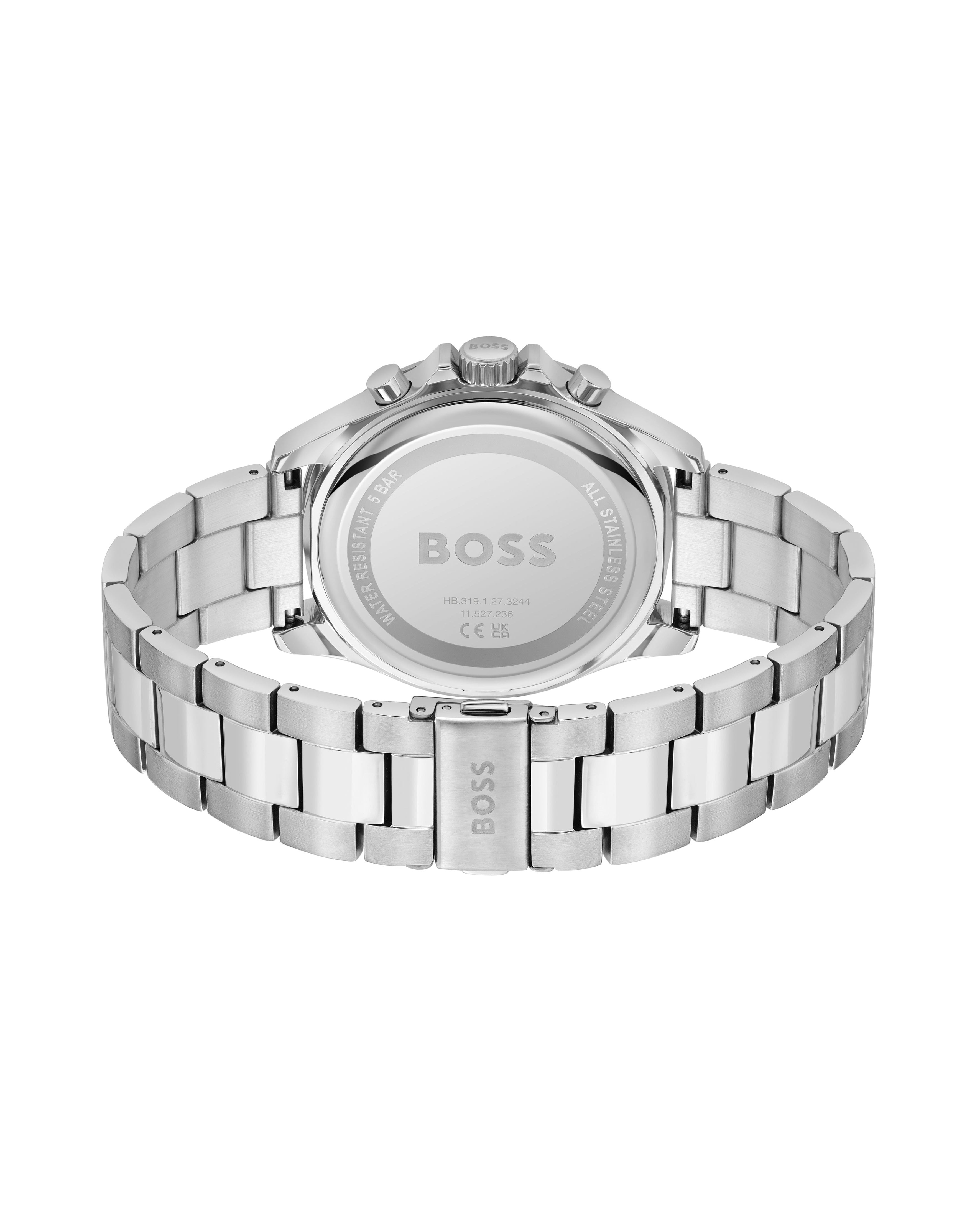 Back view of the BOSS Troper stainless steel watch showcasing the bracelet and engraved details.