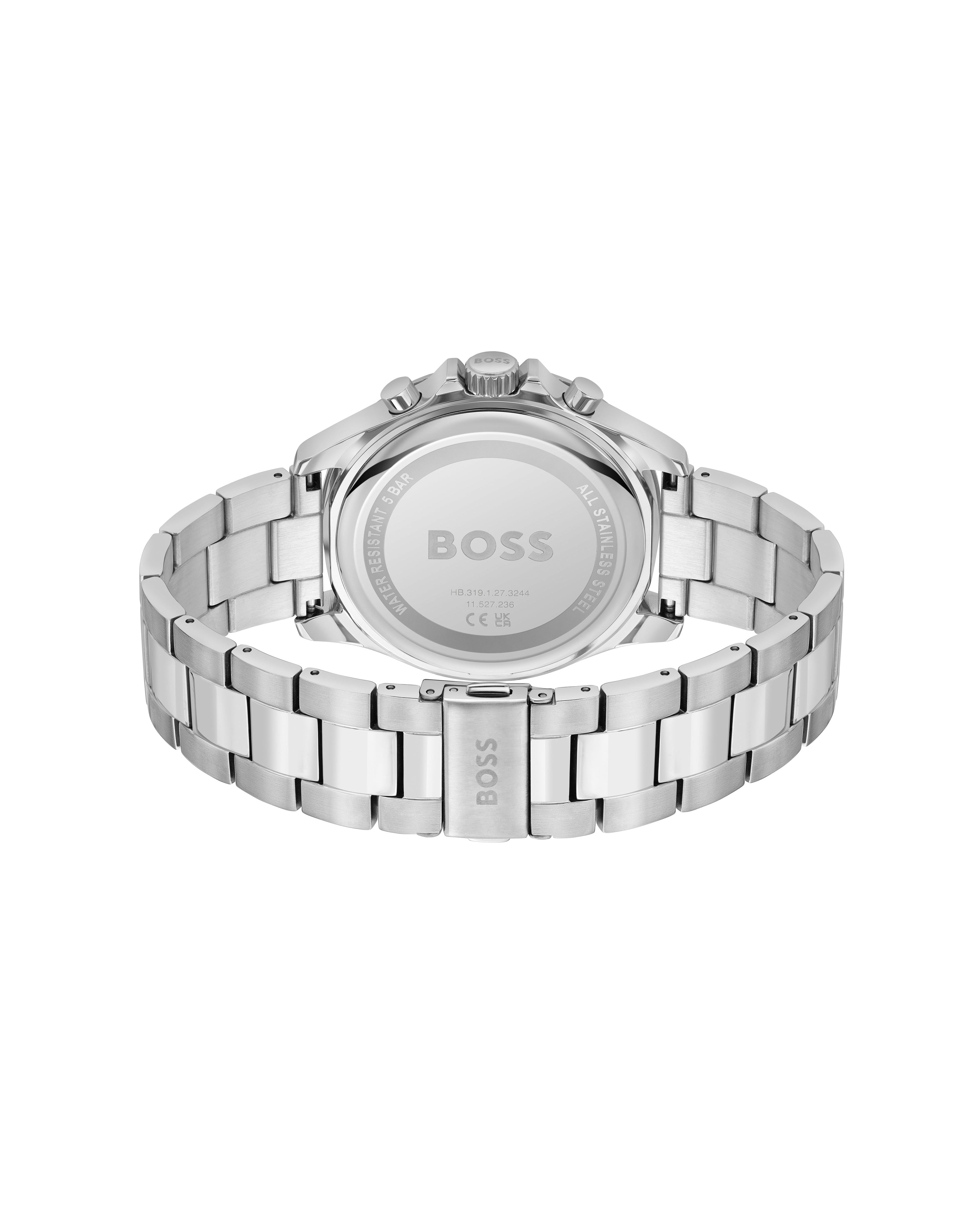 Back view of the BOSS Troper watch. Shows stainless steel band, caseback, "Water Resistant 5 BAR" & model number.
