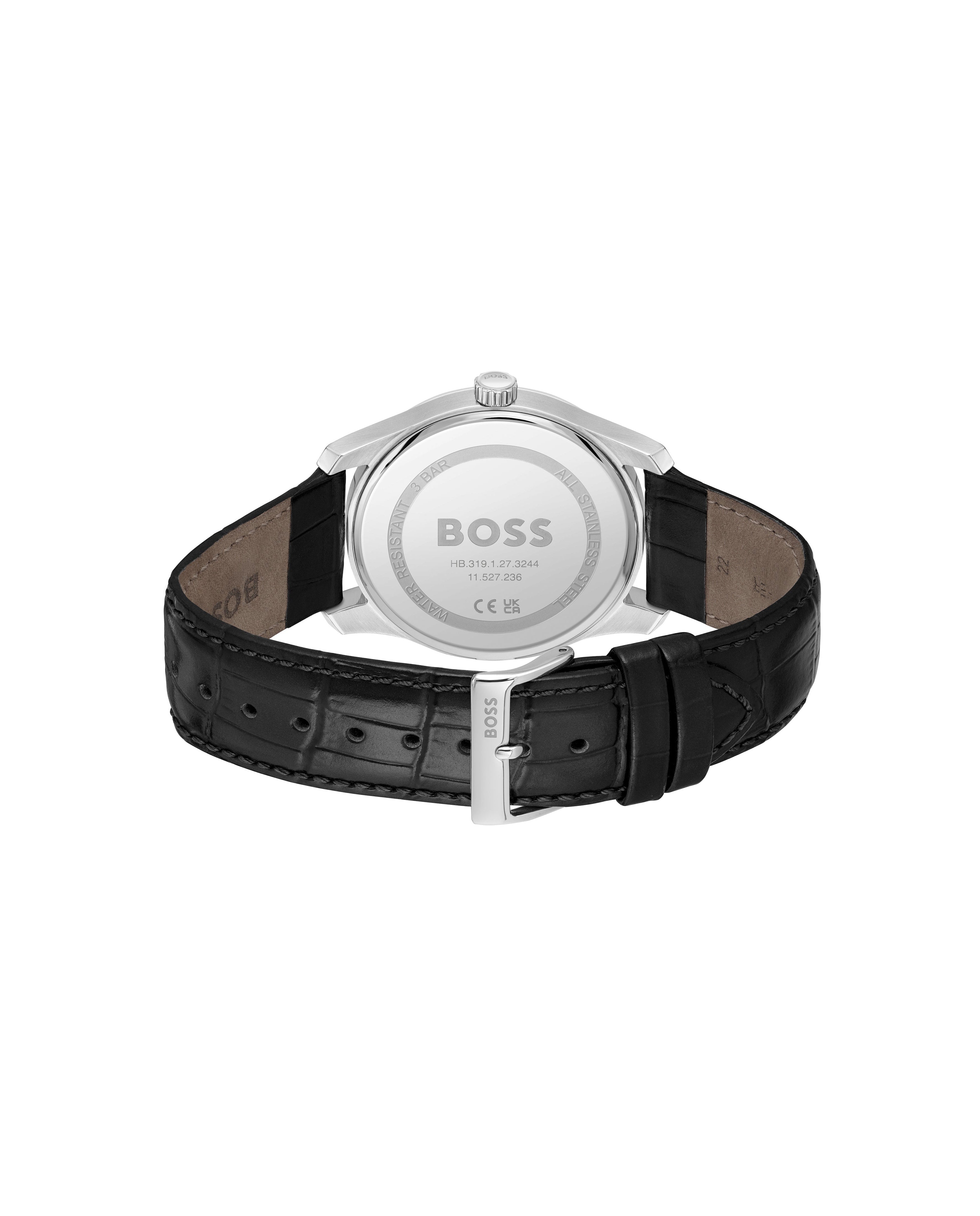 Back view of the BOSS Principle watch highlighting the stainless steel case, black leather strap, and model details.